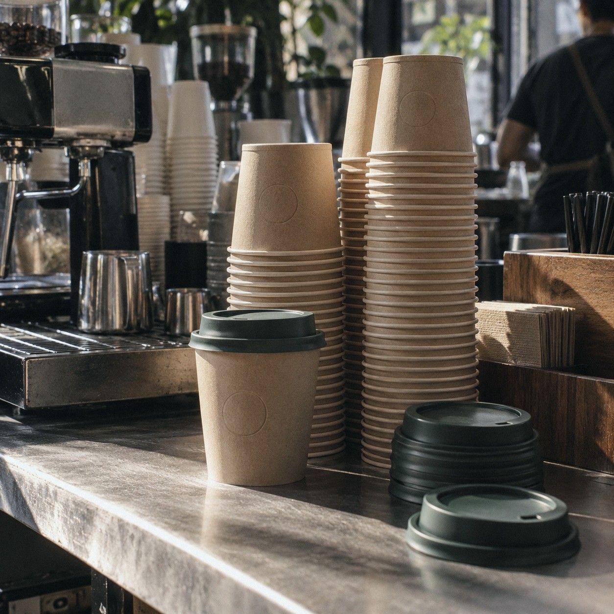 A green paper cup of kopi on a marble table, seen from above