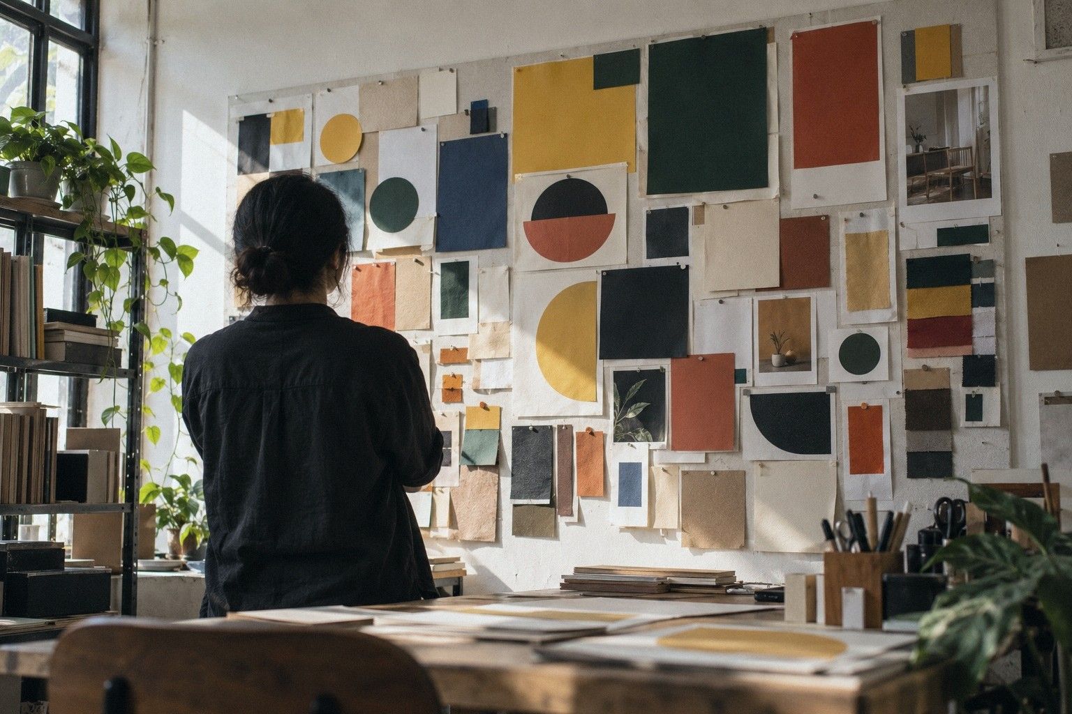 A studio wall with printed logo options pinned in a neat grid