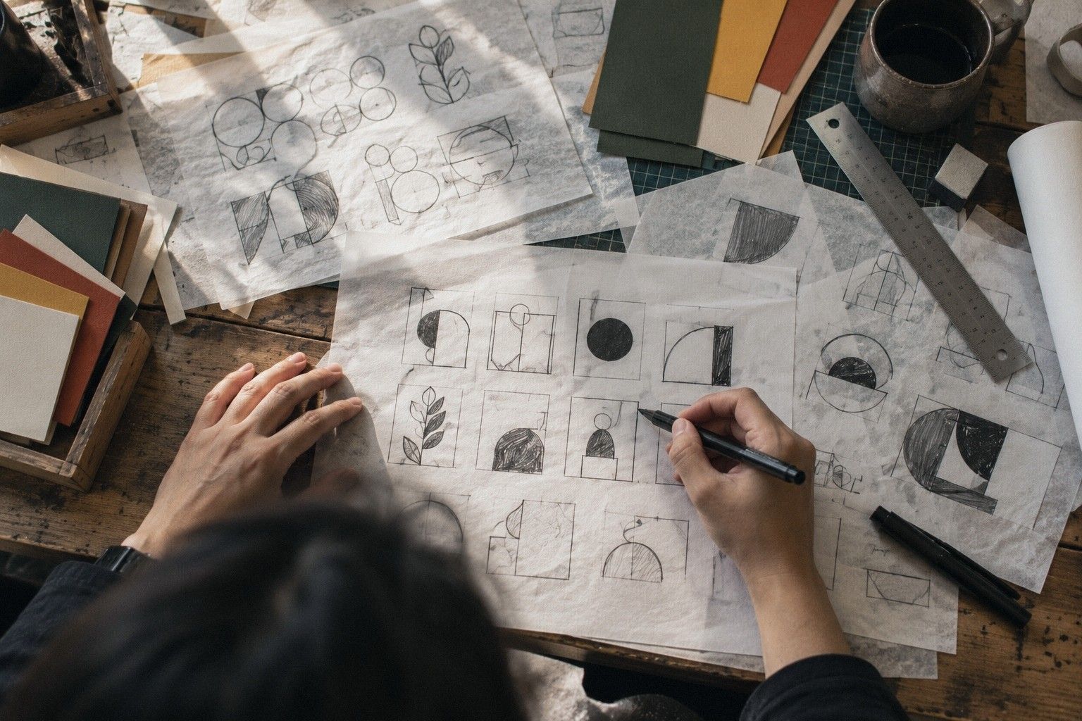 Pencil sketches of small logo ideas on tracing paper, a ruler across them
