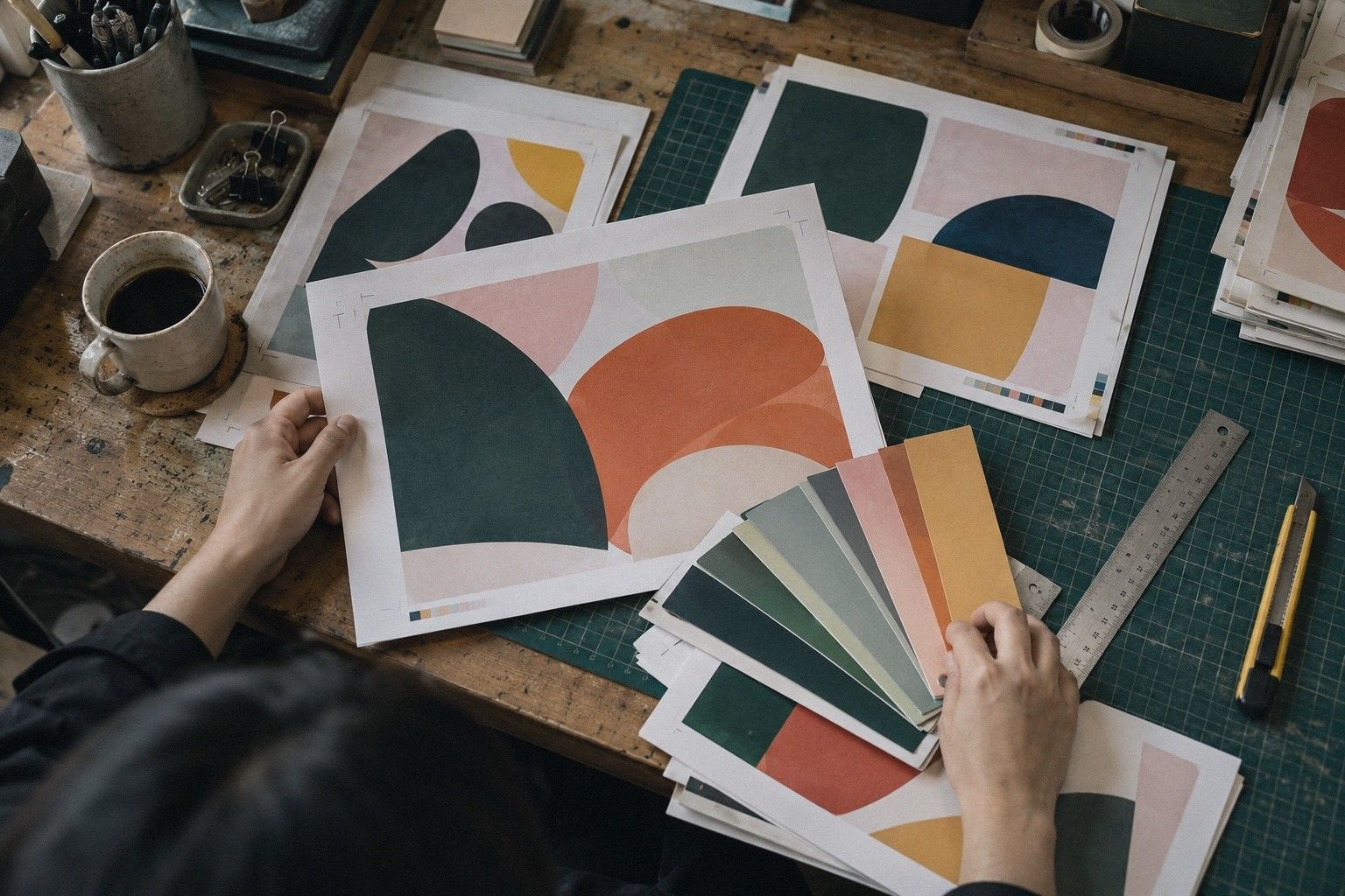 A clean desk with a printed brand guide, colour swatches and a laptop, closed